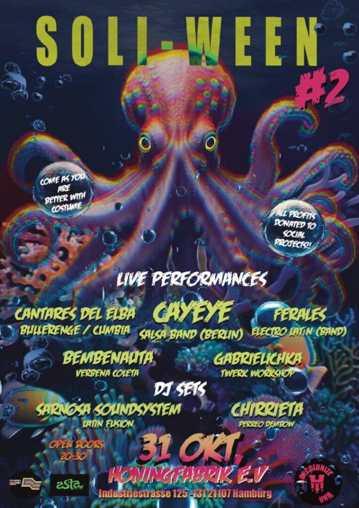 Ein dunkel gehaltenes, plakatartiges Bild kündigt eine Veranstaltung namens "SOLI-WEEN #2" an. Der Hintergrund ist eine Unterwasser-Szene in tiefen, dunklen Blautönen mit Fischen, Korallen und aufsteigenden Blasen. Im Zentrum dominiert eine große, farbenprächtige Illustration eines Oktopus mit leuchtend roten und gelben Akzenten.