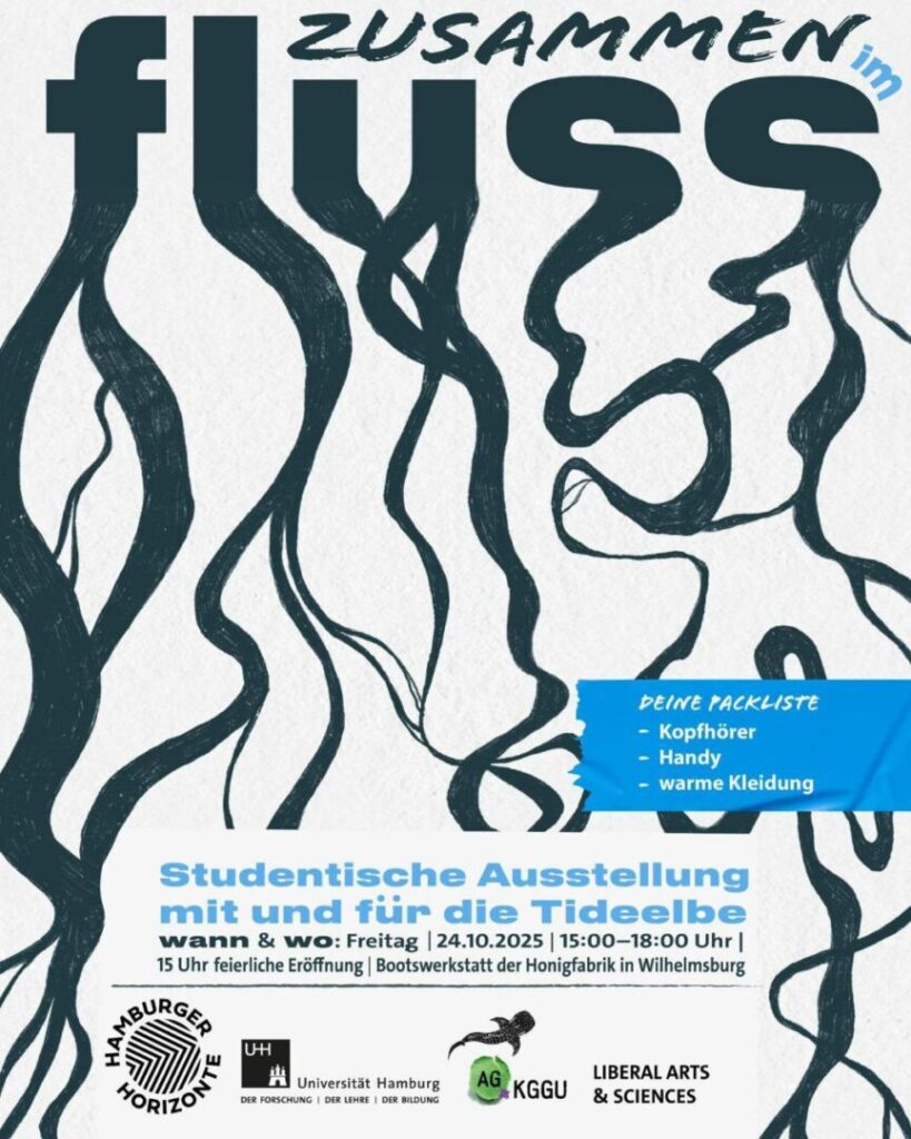 Das Poster für die studentische Ausstellung 'ZUSAMMEN im FLUSS mit und für die Tideelbe' zeigt stilisierte, fließende, dunkle Formen auf hellem Hintergrund.