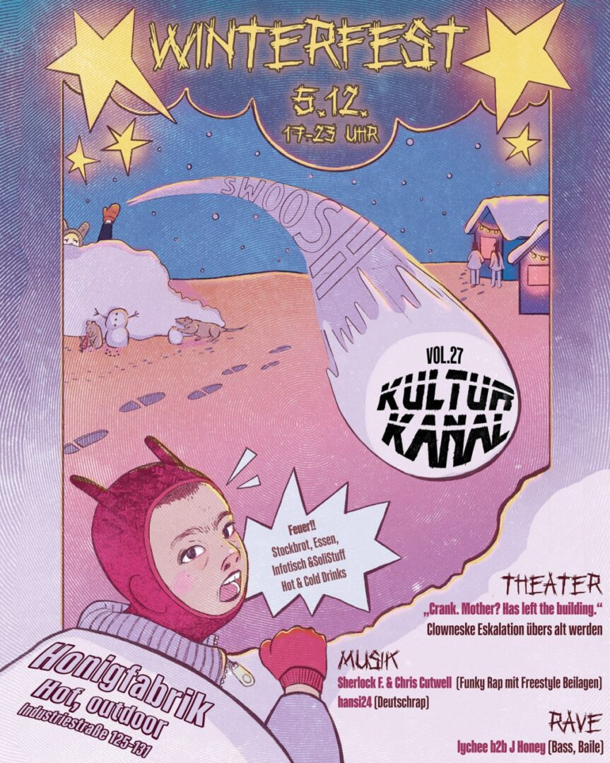 Poster für das 'Winterfest Vol. 27 KULTUR KANAL' am 5.12., 17–23 Uhr, in der Honigfabrik (Hot, outdoor, Industriestraße 125-131). Das comicartige Poster zeigt eine verschneite Landschaft mit einer Schlittenfahrt, Sternen und einem Kind in roter Wintermütze.