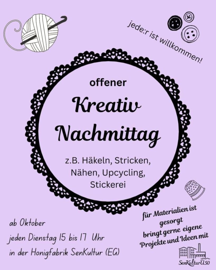 Rosa-farbenes PLakat mit der Hauptüberschrift "offener Kreativ Nachmittag". Diese Worte sind ein einem Häkeldeckchen eingerahmt.