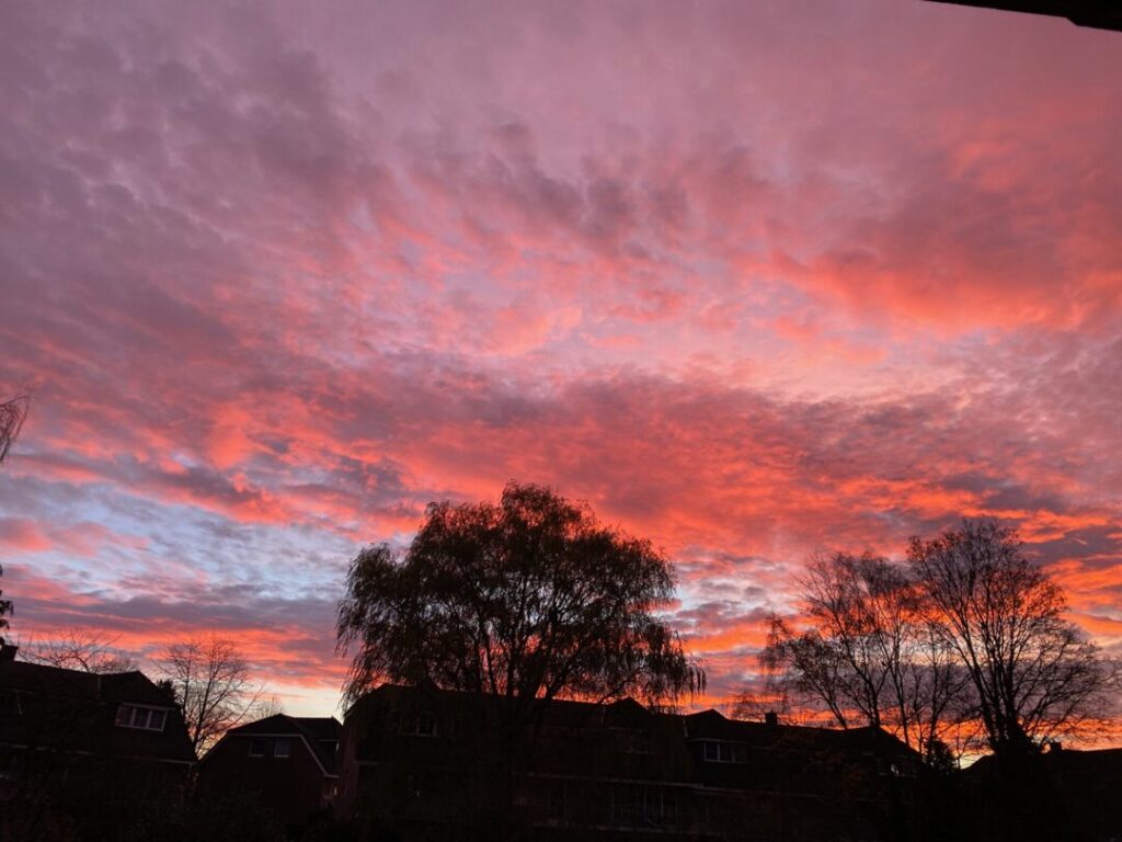 Zwei Drittel des querformatigen Bildes bestehen aus Himmel. Der Himmel ist bewölkt. Die Wolken sind rot, orange, rosa, lila. Morgenrot. Gegen den Himmel heben sich unten schwarz die Silhouetten von Bäumen und Hausdächern ab.