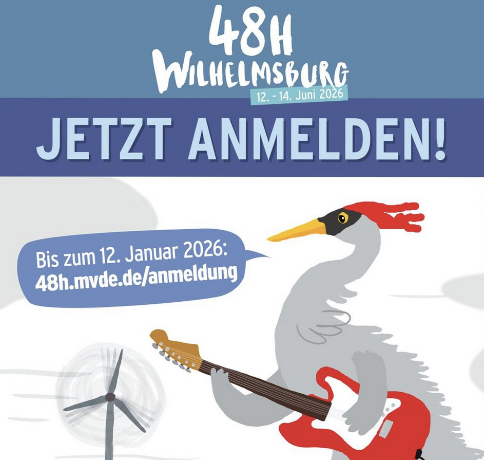 Anmeldeplakat mit Deten und einem grauen Vogel, der auf einer roten Gitarre spielt. links unten ein kleines WIndrad