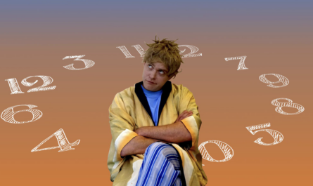 Prinz Eile in geben Bademantel sitzt auf einem großen Zifferblatt und guckt gelangweilt