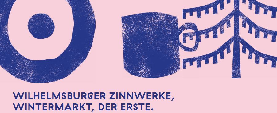 Auf rosa Hinergrund links ein blauer Kreis, mit einem blauen Punkt in der Mitte. Rechts daneben ein blauer Becher und daneben noch ein stilisierter Tannenbaum in blau.