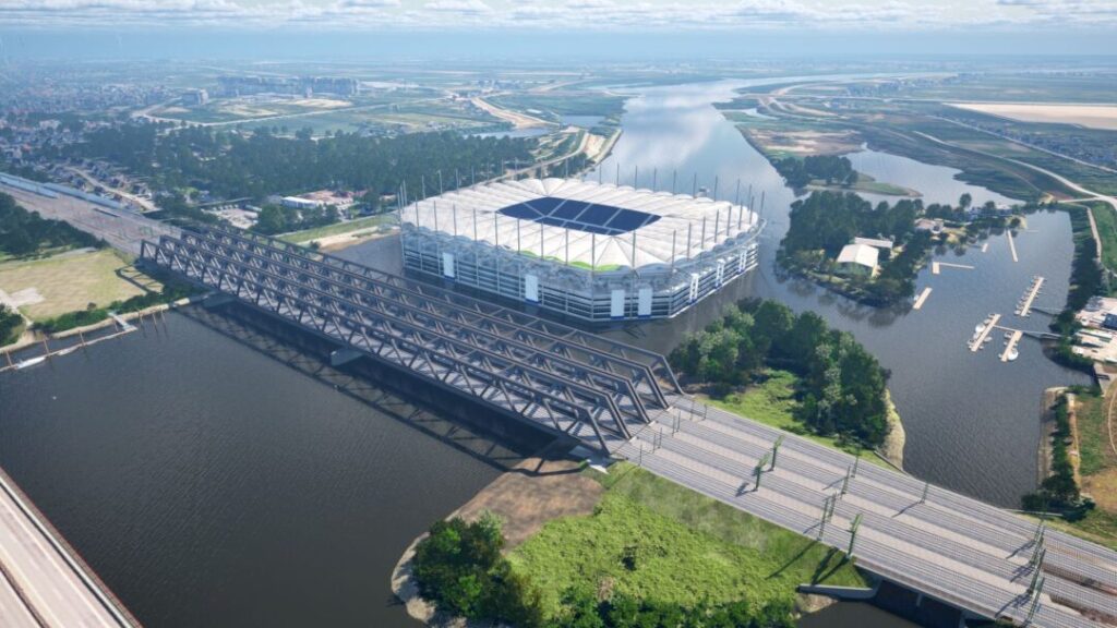 Eine vierspurige Bahnbrücke führt über einen Fluss. Dahinter ist ein großes Stadion montiert (das Volksparkstadion), das deutlich kleiner ist als die Brücken. Es handelt sich um eine Fotomontage, um die Größenverhältnisse aufzuzeigen.