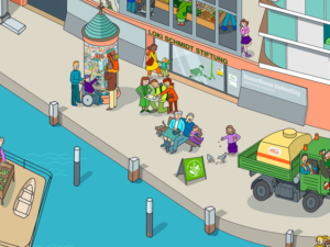 Visualisierung der geplanten Ausstellung. Untenlinks Wasser. Am Ufer eine Litfasssäule mit Menschen. Im Hintergrund ein Gebäude mit vielen Fenstern und dem Schriftzug Loki Schmidt Stuftung.