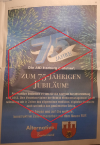 Eine abfotografierte Zeitungsseite mit einer Anzeige der AfD-Fraktion