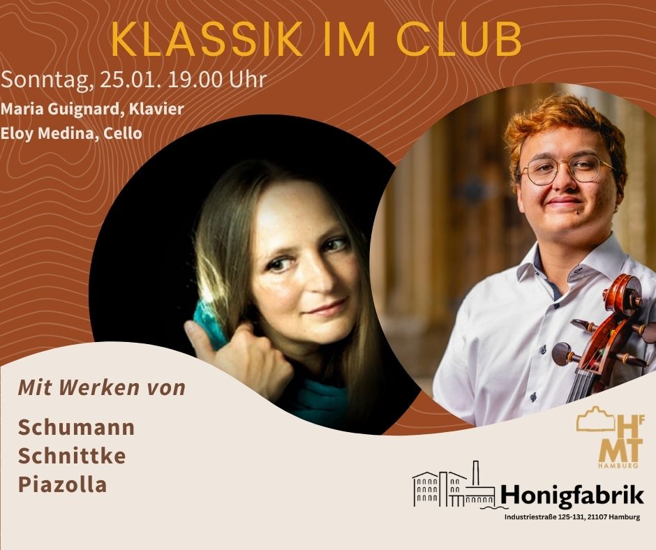 Ankündigungsbanner der Veranstaltung mit Beschreibung des Programms und je einem Foto der zwei Künstler*innen. Banner: Hofa