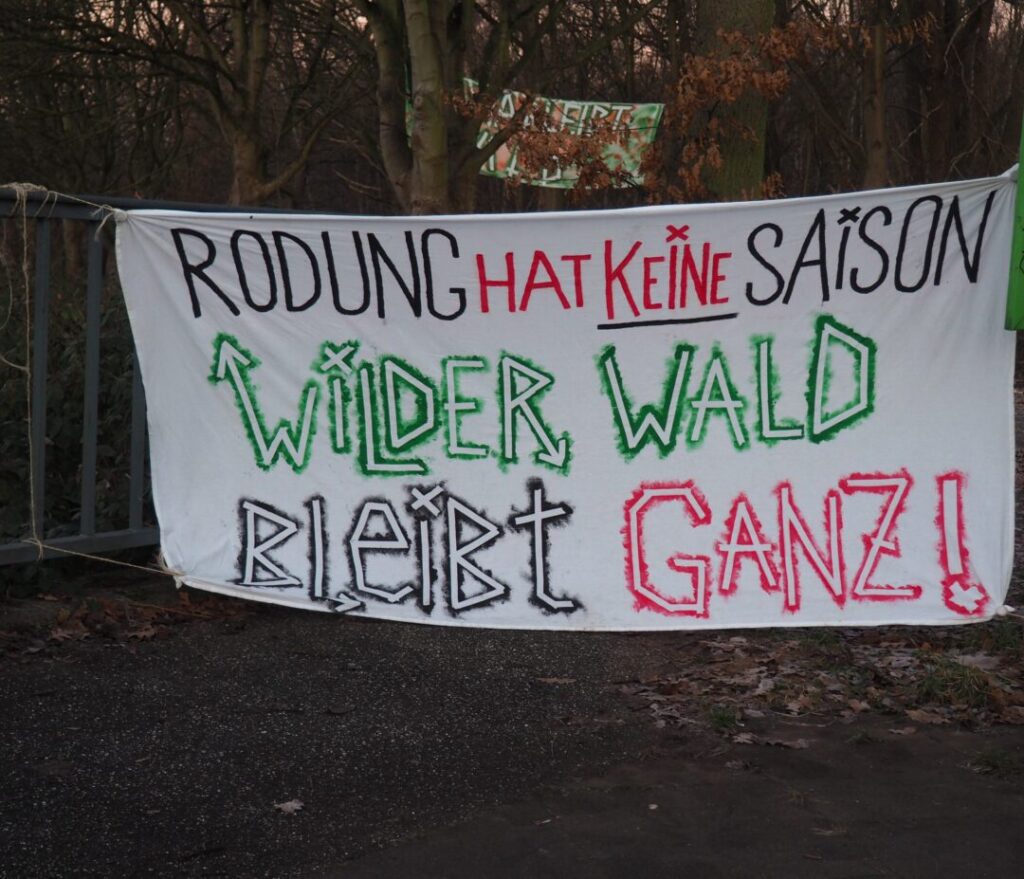 Ein Transparent: Auf weißem Stoff steht: Rodung hat keine Saison. Wilder Wald bleibt ganz.
Foto: Angela Wolf.