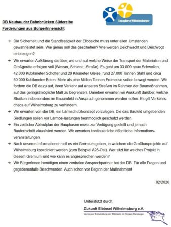 Oben rechts das Logo der Engagierten Wilhelmsburger in blau-gelb. Darunter 6 Forderungen um die Belastungen der Bürger*innen durch den Bau der Bahnbrücken über die Süderelbe erträglich zu gestalten.