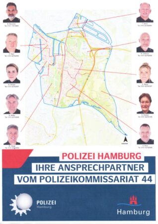 In der Mitte der Umriss der Elbinseln. Links und rechts am Rand Passbilder der Bürgernahen Beamten. Unten ein blauer Block mit Schrift.