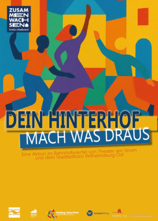 Veranstaltungsplakat Dein Hinterhof. Mach was draus. Mit einer bunten Illustration (Menschen/Häuser) und den Logos der finanzierenden Einrichtungen