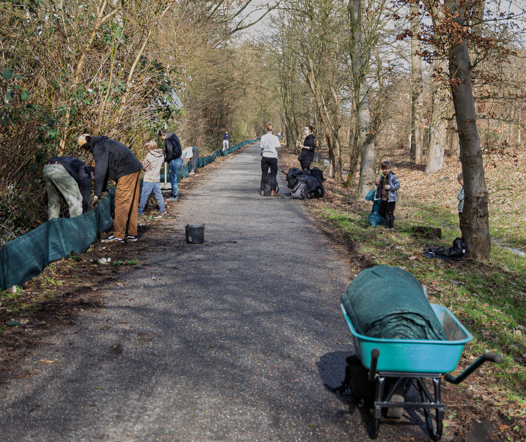 Ca. 10 Menschen bauen einen ca. 50-cm-hohen-Textilzaun am Straßenrand auf. Foto: Im Vordergrund steht eine Schubkarre mit dem aufgewickelten Zaun Heinz_Brossolat/BUND HH