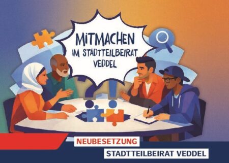 Flyer Neubesetzung Beirat Veddel. Vier Menschen unterschiedlicher Herkunft sitzen um einen Tisch. Darüber in der Mitte auf weiß mit einem gezackten Rand MITMACHEN IM STADTTEILBEIRAT VEDDEL: links blauer und rechts orange farbener Hintergrund.