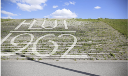 Eine Treppe führt einen Deich hoch. Auf der Treppe steht: Flut 1962 Foto: Geschichtswerkstatt