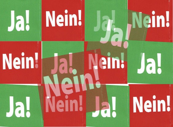 Collage mit roten Nein- und grünen Ja-Stimm
