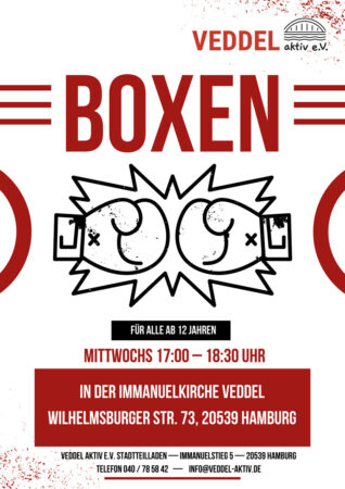 Auf einem weißen Plakat stehen in schwarz-rot die Infos zum Boxen auf der Veddel.
