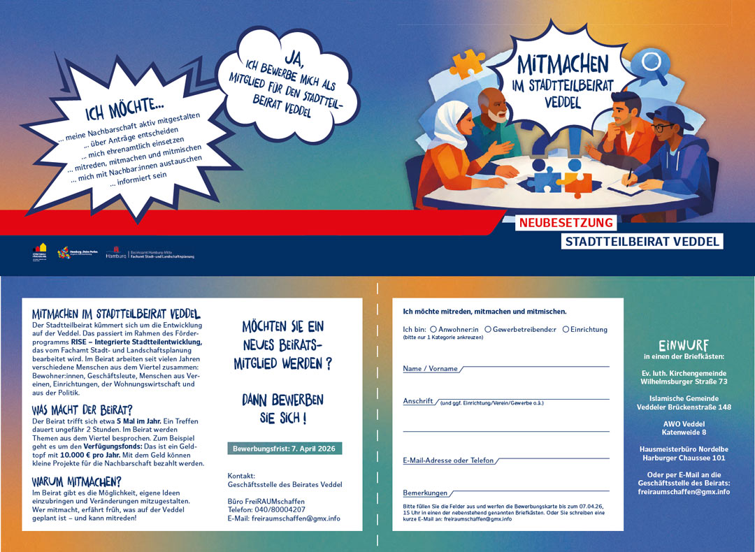 Flyer mit den Infos aus dem Text. Und einem Formular, das ausgefüllt werden kann. Das Bildmotiv zeigt 4 verschiedene Menschen um einen runden Tisch.