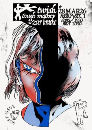 Konzertplakat mit Daten und einer Illustration. 