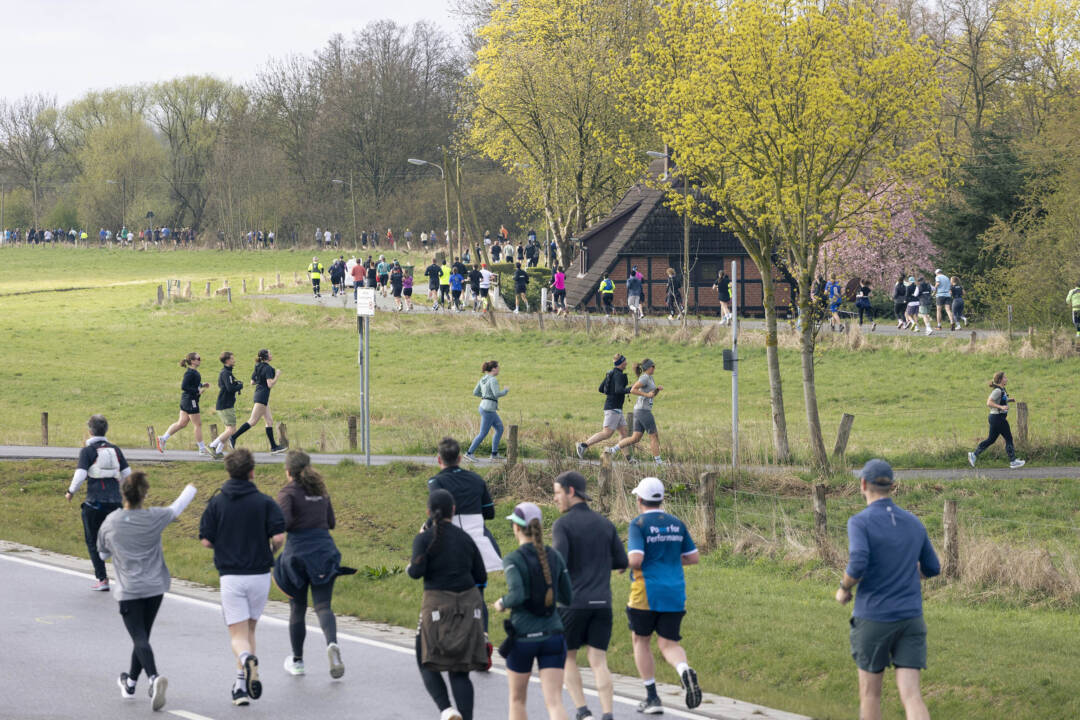 Ein Bild aus Moorwerder: Auf der kurvigen Straße (tw. auf der alten Deichlinie) laufen hunderte Menschen: Männer, Frauen, alt jung. Einzeln und in Grüppchen. Foto: Johannes Schölermann