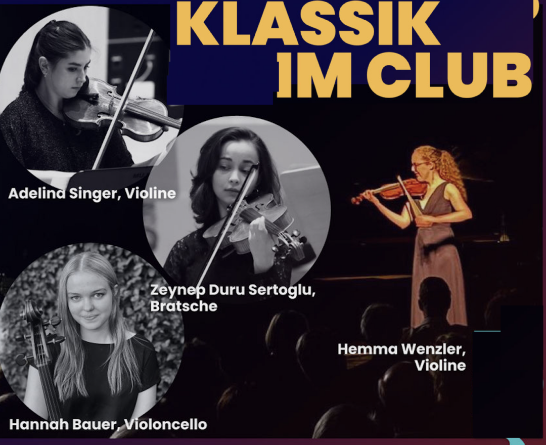 Konzertplakat mit Portraitfotos der vier Musikerinnen mit ihren Instrumenten