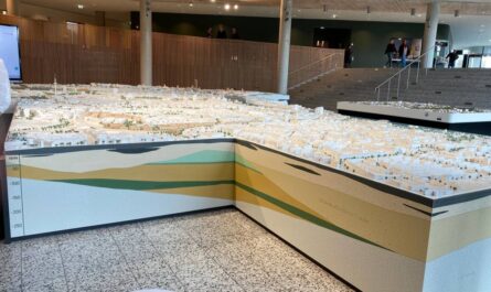 Vor einem dunklen Hintergrund auf einem 80 Zentimeter hohem Kasten das Stadtmodell von Hamburg in weißen Modellen. Im Vordergrund ein rechteckiger Ausschnitt mit den Gesteinsschichten in weiß und beige.