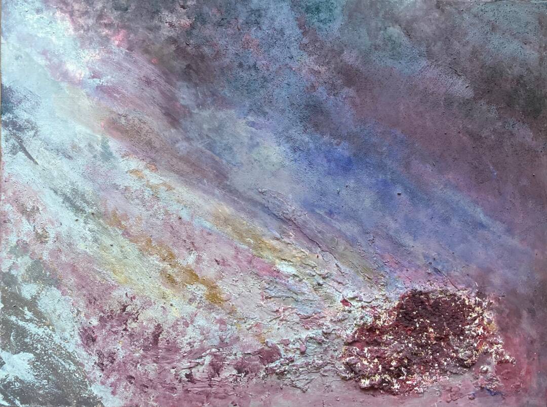 Eine ungegenständliche Arbeit von Elvira Lück in rosa, blau und violett.