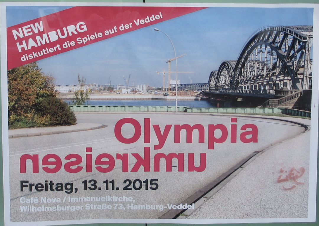 Drei Fotos von 2015: Leuchtschrift HH2024 im Hafen, Aufruf zu einer Veranstaltung auf der Veddel, Modell vom Olympiastadion 