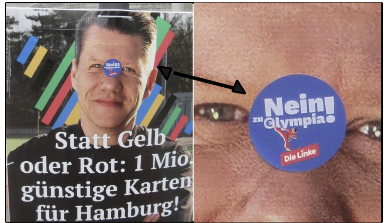 Olympiawewrbeplaket mit kleinem Nein-Aufkleber