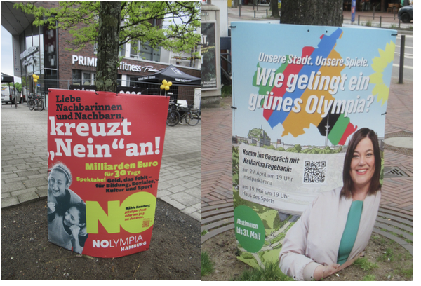 Links ein Plakat °Kreuzt NEIN an“, daneben ein Plakat „Wie gelingt ein grünes Olympia“?