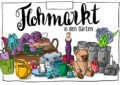 Visual für Gartenflohmarkt: Illustration. Gezeigt wird ein Aufbau aus typischen Flohmarktartikeln: Geschirr, Gefäße, Kisten, kleine Dekogegenstände, ein Teddy. Illustration: Ania Groß