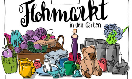 Visual für Gartenflohmarkt: Illustration. Gezeigt wird ein Aufbau aus typischen Flohmarktartikeln: Geschirr, Gefäße, Kisten, kleine Dekogegenstände, ein Teddy. Illustration: Ania Groß