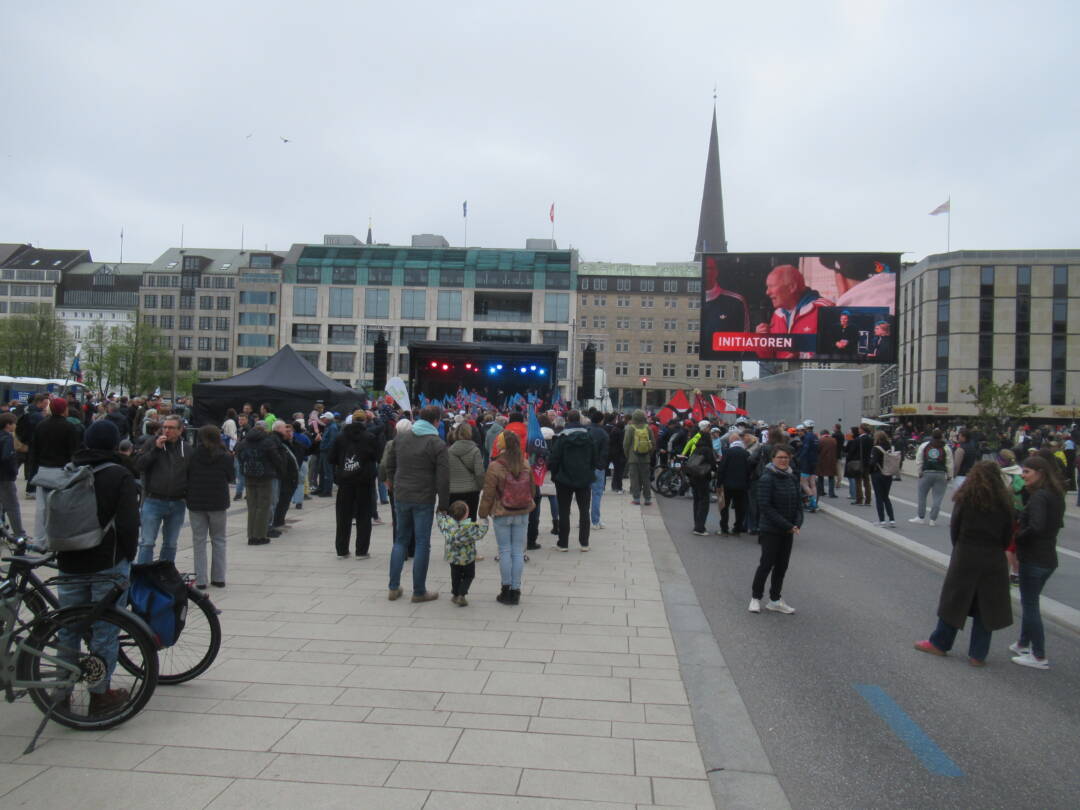 Zwei Fotos Demo in Wilhelmsburg 2015 und wenige Pro-Party-Besucher auf dem Jungfernstieg 9. April