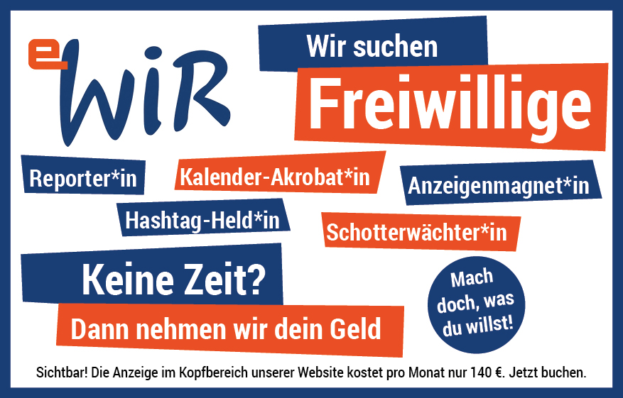 Anzeige im Gipfelformat auf der steht, welche Freiwilligen wir suchen und das wir Geld brauchen.