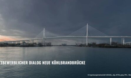 Eine Brücke mit zwei Pylonen und Schrägseilen vor einem dunklen Hintergrund.