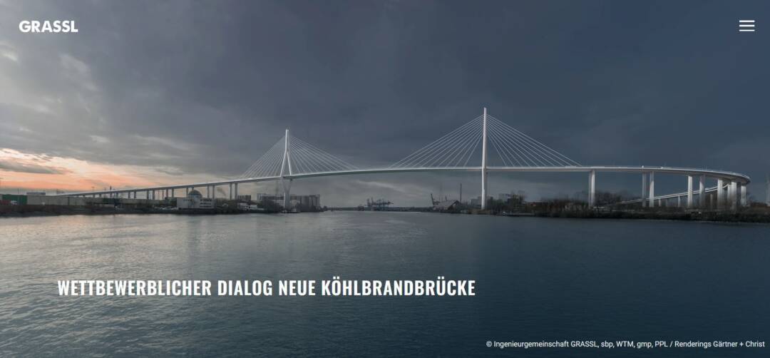 Eine Brücke mit zwei Pylonen und Schrägseilen vor einem dunklen Hintergrund.