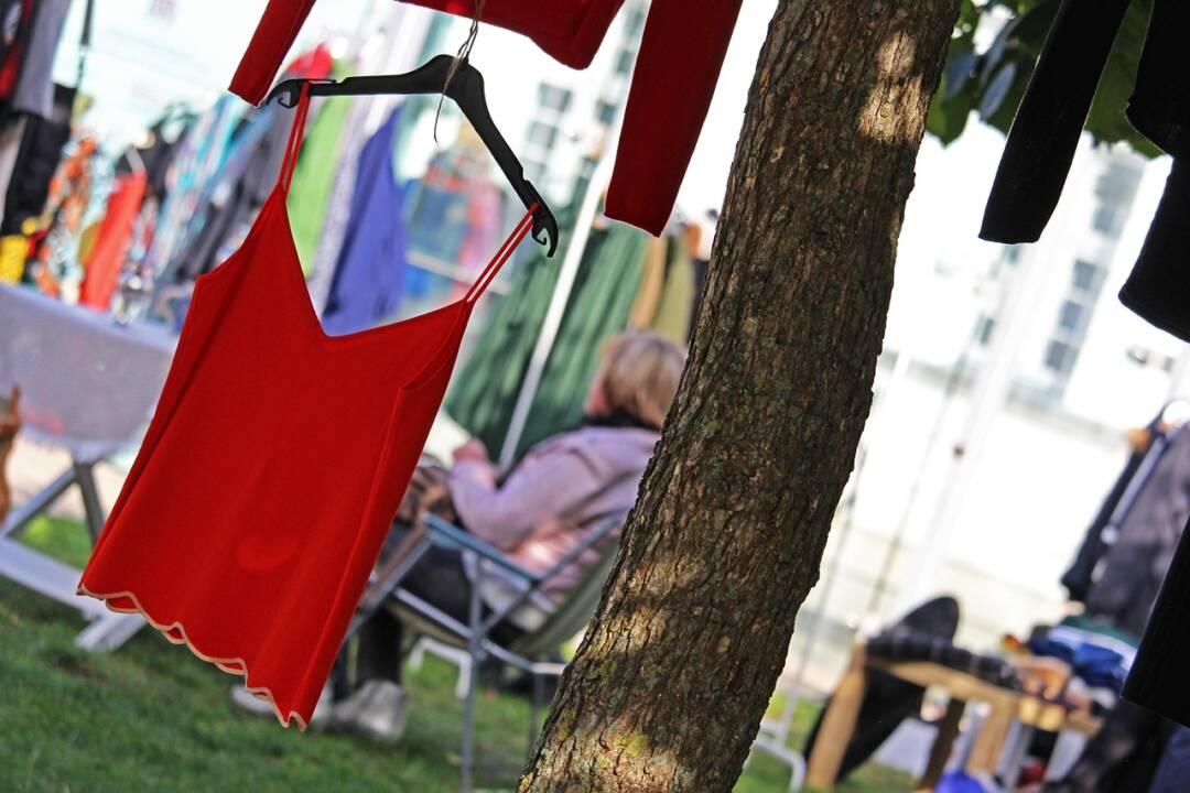 In einem Baum hängen Kleidungsstücke, prominent ein knallrotes Hemdchen. Im Hintergrund sieht man Flohmarkstände (unscharf). Bild von Kerstin Riemer auf Pixabay
