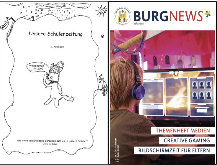 Titelseite der ersten und der aktuellen Ausgabe, handgemacht mit Kinderzeichnung in schwarz-weiß; daneben die aktuelle Ausgabe, mit prrofimäßigem farbigen Layout