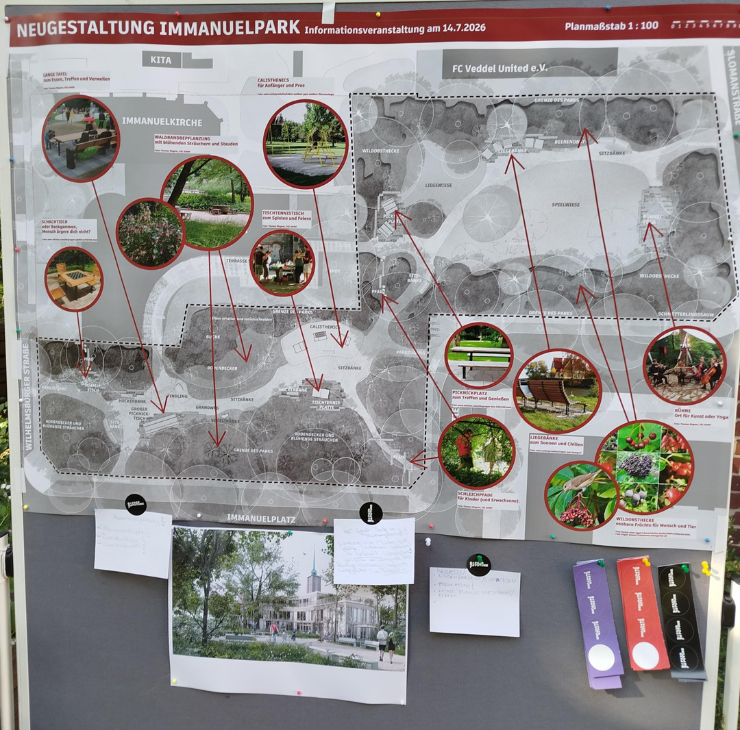 Auf einer Wand hängt ein großen Plakat auf dem der Siegerentwurf visualisiert ist. 12 einzelne Kreise zeigen konkret, was wo geplant ist.