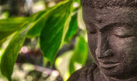 Im Anschnitt: Gesicht einer Budha-Statue vor unscharf grün-grauem Hintergrund. Foto: PatricioYoga auf Pixabay