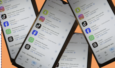 Auf einem orangen Hintergrund sind 4 identische Handys angeordnet. Diese zeigen eine Liste von Social Media Apps- Composing: Hermann Kahle