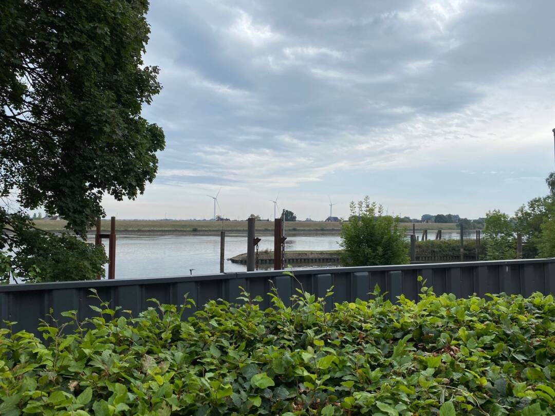 Im Vordergrund eine Hecke, dahinter. Im Hintergrund ein Fluss.