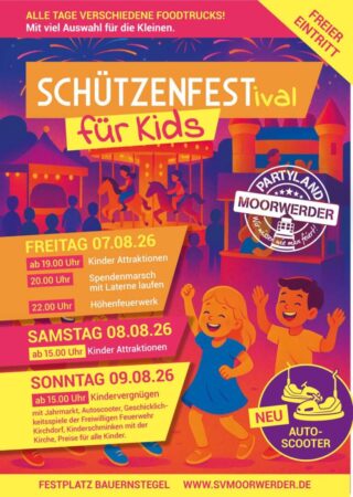 Progammflyer Kinder: Programm: Freitag 19 Uhr: Kinder-Attraktionen 20 Uhr: Spendenmarsch mit Laternen  22 Uhr: Feuerwerk 22:15 Uhr: Open Air Schützenfestival Sonnabend ab 15 Uhr: Kinder-Attraktionen 20 Uhr: Open Air Schützenfestival Sonntag ab 15 Uhr: Kinder-Vergnügen Mit Jahrmarkt, Autoscooter, Geschicklichkeitsspielen der Freiwilligen Feuerwehr Kirchdorf, Kinderschminken mit der Kirche, Preise für alle Kinder.  20 Uhr: Open Air Schützenfestival