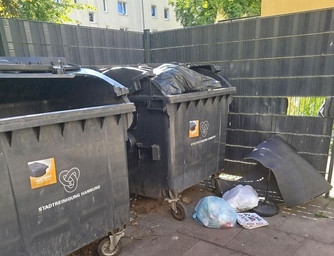 In einer leicht verwahrlost wirkenden umzäunung stehen zwei schwarze Müllcontainer. Einer ist voll. Davor liegt weiterere Müll. Der 2. ist nicht voll, man sieht keinen Müll im Inneren.