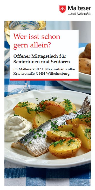 Oben die Ankündigung für den Offenen Mittagstisch. Darunter ein Teller mit einem Fischgericht.