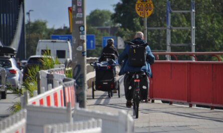 Blick auf den letzten Teil des Radweges auf den Neuen Elbbrücken stadteinwärts: Eine Radlerin mit Hänger fährt weiter vorn, es passt, aber viel Platz ist nicht, dahinter ein Radler auf einem normalen Zweirad.