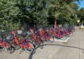 vor großen grünen Bäumen und einem Zaun stehen eine ganze Reihe Stadträder