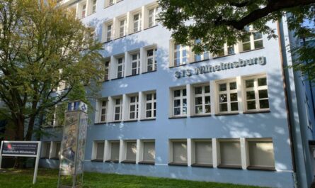 Ein hellblaues Schulgebäude mit fonf Reihen Fenstern. Links unten und rechts oben Teil von Bäumen.