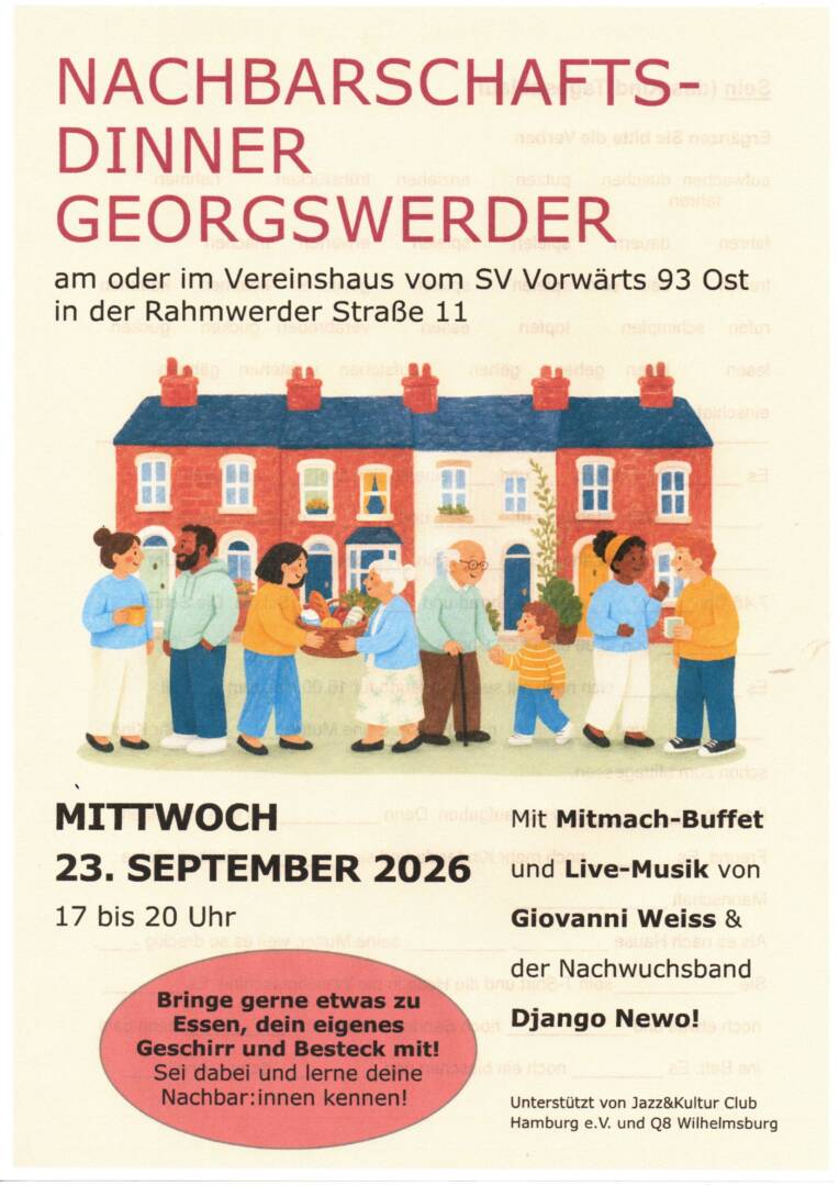 Ein Plakat mit Schrift und einem Mehrfamilienhaus. Davor sind mehrere Leute visualisiert.