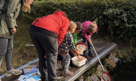 Auf einem Steg stehen zwei Frauen und drei Kinder mit einem Kescher
